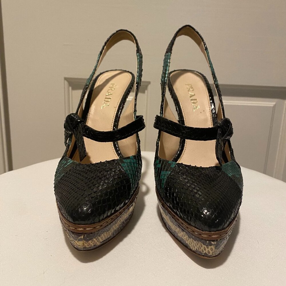 Prada Python Slingback Patchwork Platform Heels, size 36